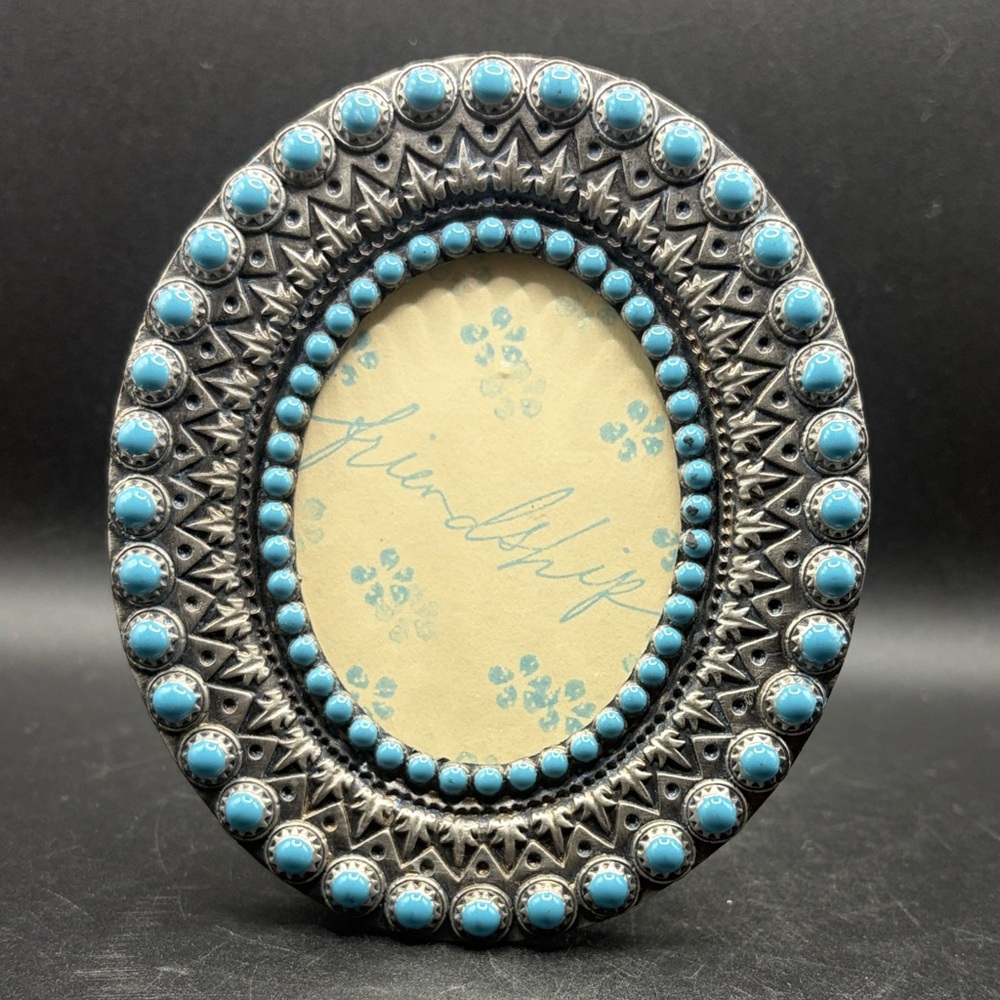 Vintage Turquoise Enamel Silver Tone Metal Oval Photo Frame with Kickback Stand